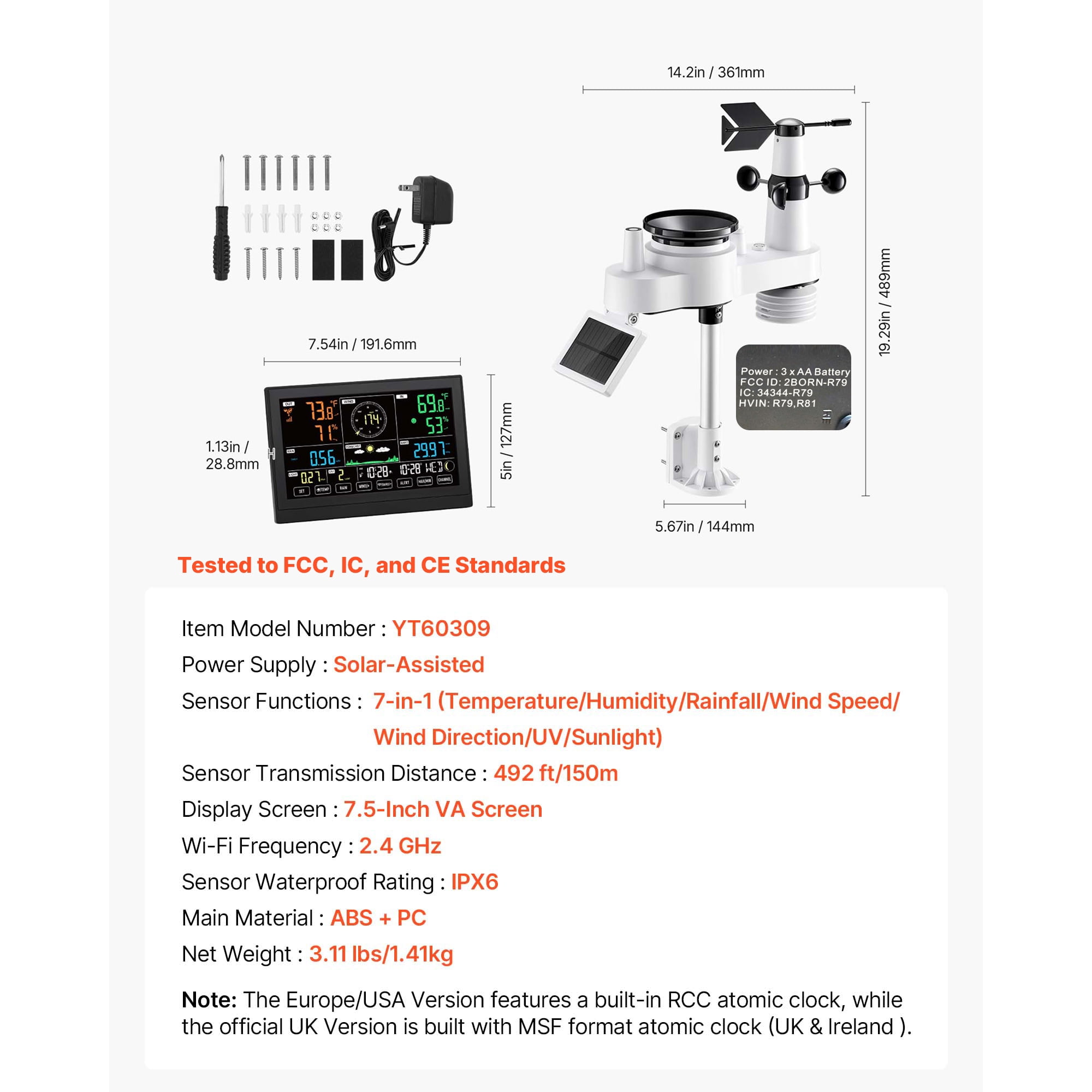 KFFKFF 7 in 1 Wireless Weather Station, with 7.5in VA Screen, Solar Weather Monitor for Rain Gauge, Weather Forecast, Temperature, Humidity, Wind Speed, and Direction (No WiFi)