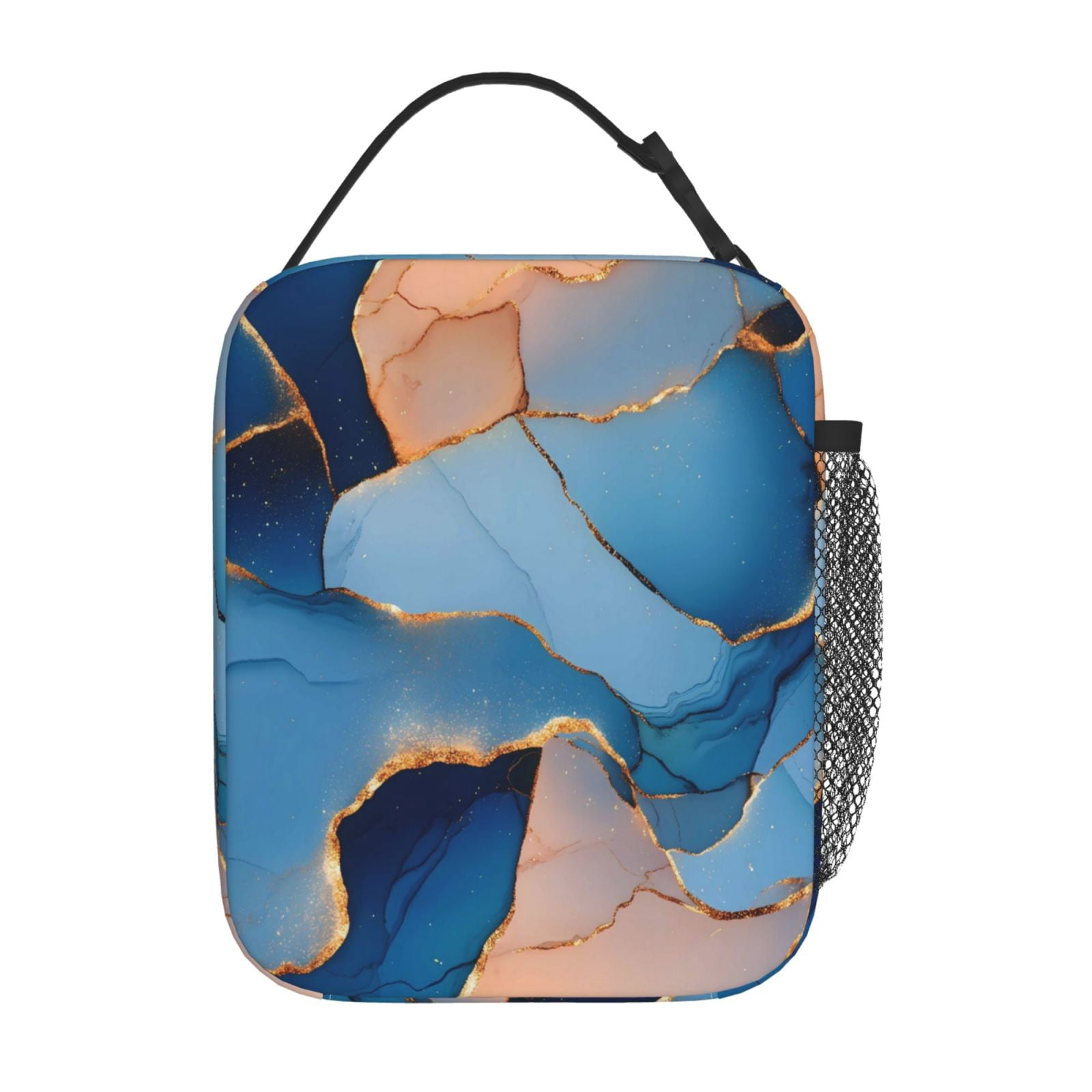 Lunch Bag For Women Men Insulated Portable Lunch Box Bento Box Office Picnic Travel Cooler Bag Blue And Beige Gold Marble
