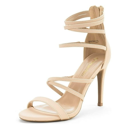 

Dream Pairs Womens Heeled Strappy Sandals Dress Shoes Open Toe Ankle Back Zipper Sandals SHOW NUDE/NUBUCK Size 10