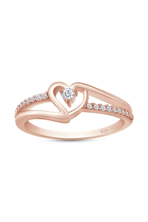 White Cubic Zirconia Heart Promise Ring in 14k Rose Gold over Sterling Silver-10