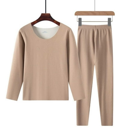 Fengqque Women thermal Underwear Set Long Sleeve Round Neck Base Layer Top & Bottom Soft Pajama Set for Cold Weather Khaki XXL