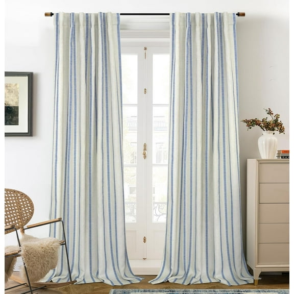 DriftAway Farmhouse Linen Blend Blackout Curtains for Bedroom Double Layers Striped Printed Linen Curtains Thermal Insulated Rod Pocket Back Tab Treatment for Living Room 2 Panels W52 x L102 Navy