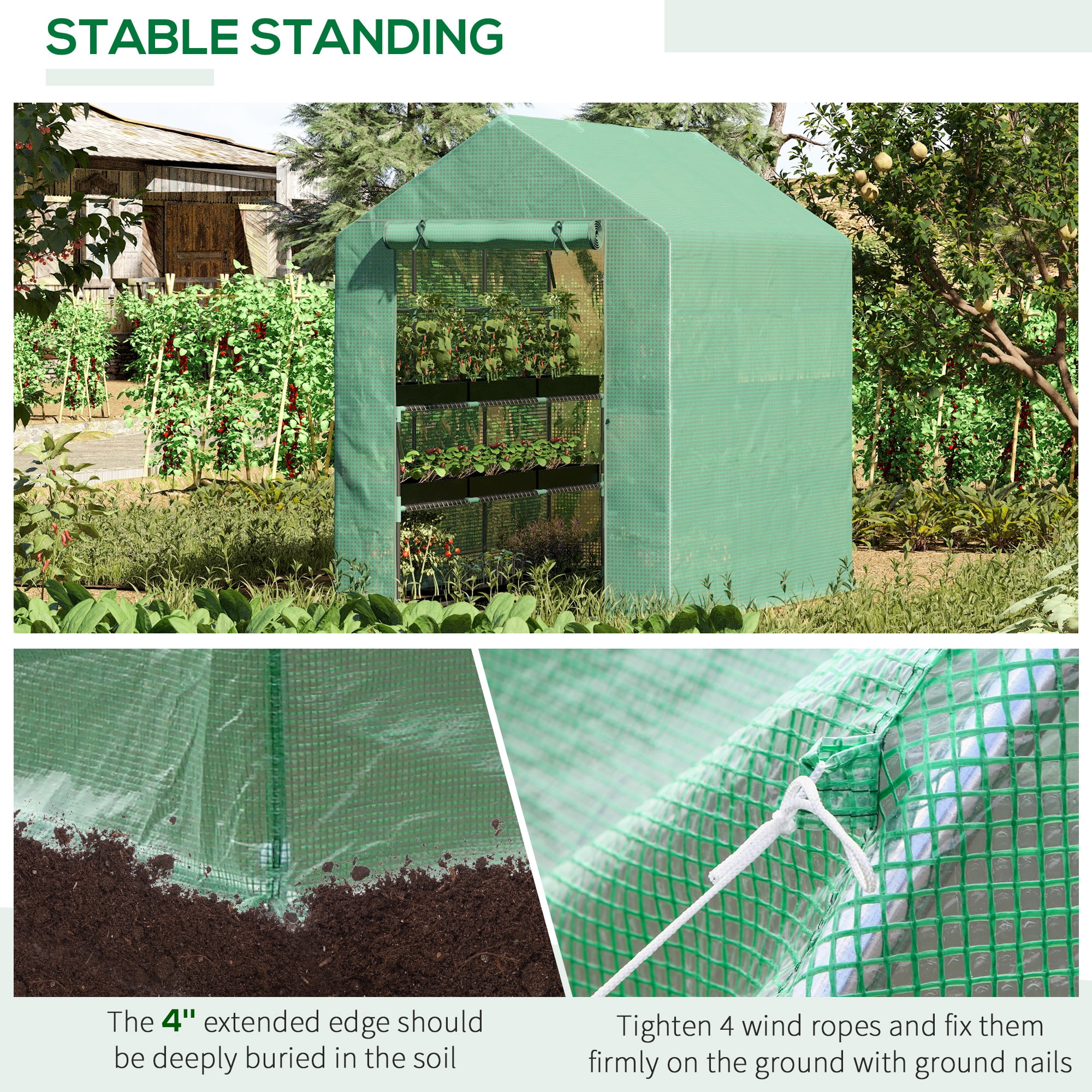 Walk-in Greenhouse, PE Cover, 3-Tier Shelves, Steel Frame Hot house, Roll-Up Zipper Door for Flowers