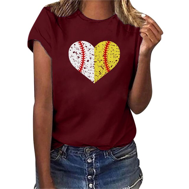 Gibobby Camisetas de verano para mujer Mujeres Casual Béisbol Impresión Mangas Cuello Redondo Camiseta Suelta Blusa Tops(Vino,XL)