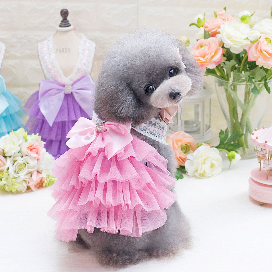 Puppy Pet Cat Breathable Lace Tutu Openwork Shining Bow Vest Princess Skirt Clothes vmree Spring and Summer Small Dog Girl Dress 