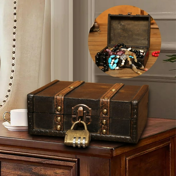 Estilo retro Treasure Box Baratija Organizador Contenedor Caja de almacenamiento de madera Contenedor de joyería para sala de estar Tocador Armario Estilo C perfecl Cofre del tesoro