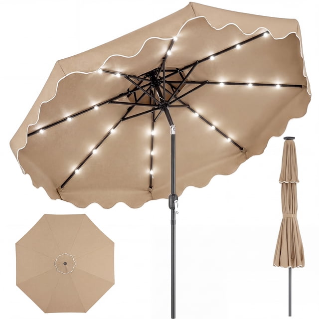 Costway 9 FT Solar LED Patio Umbrella, Push-Button Tilt & Crank, 24 LED Lights & 8 Ribs Brown
