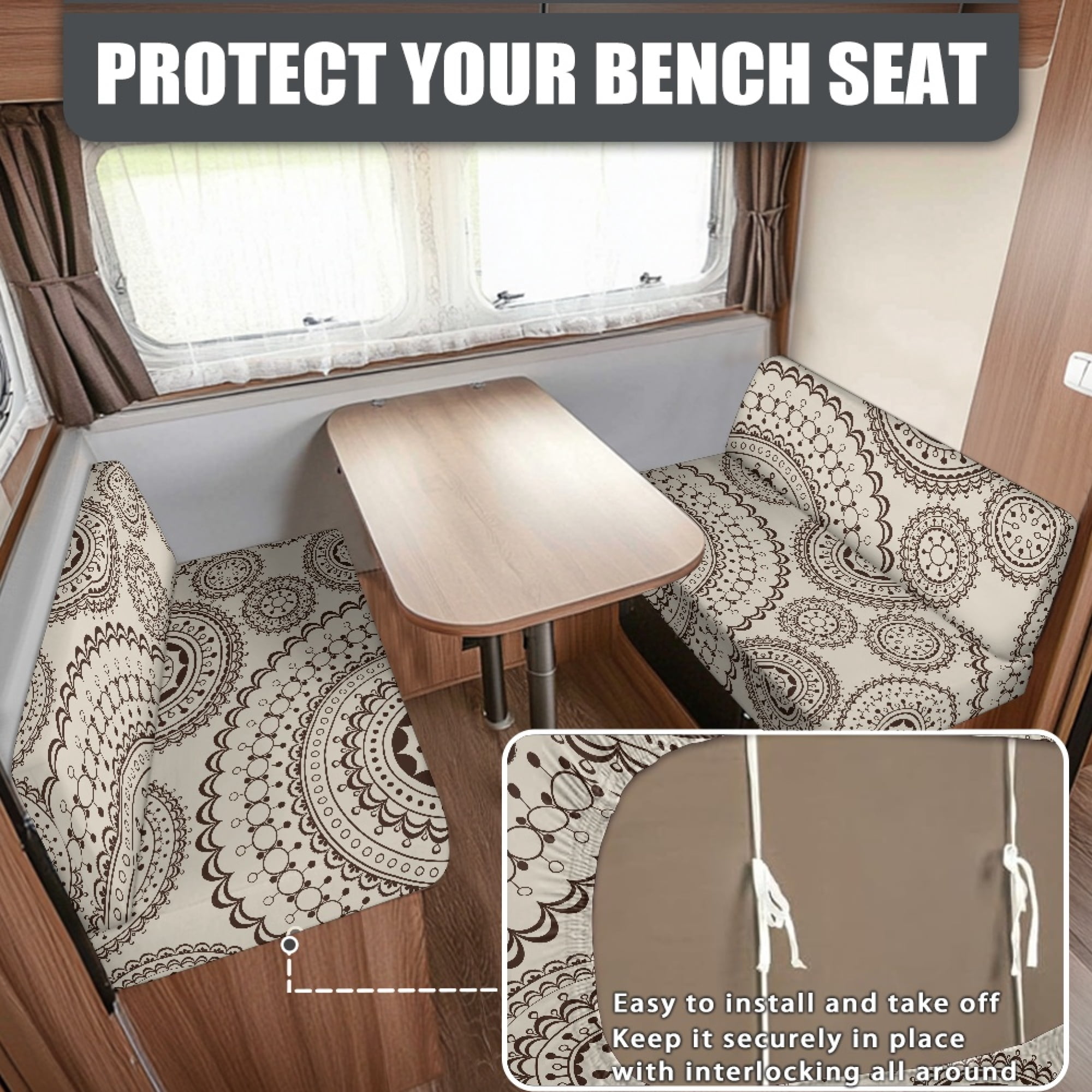 FOR U DESIGNS Boho Mandala Print 2 Pcs RV Dinette Cushion Covers Waterproof Camper Cushion Slipcover Stretch Sofa Furniture Protector Include1 Backrest Covers and 1 Bench Covers