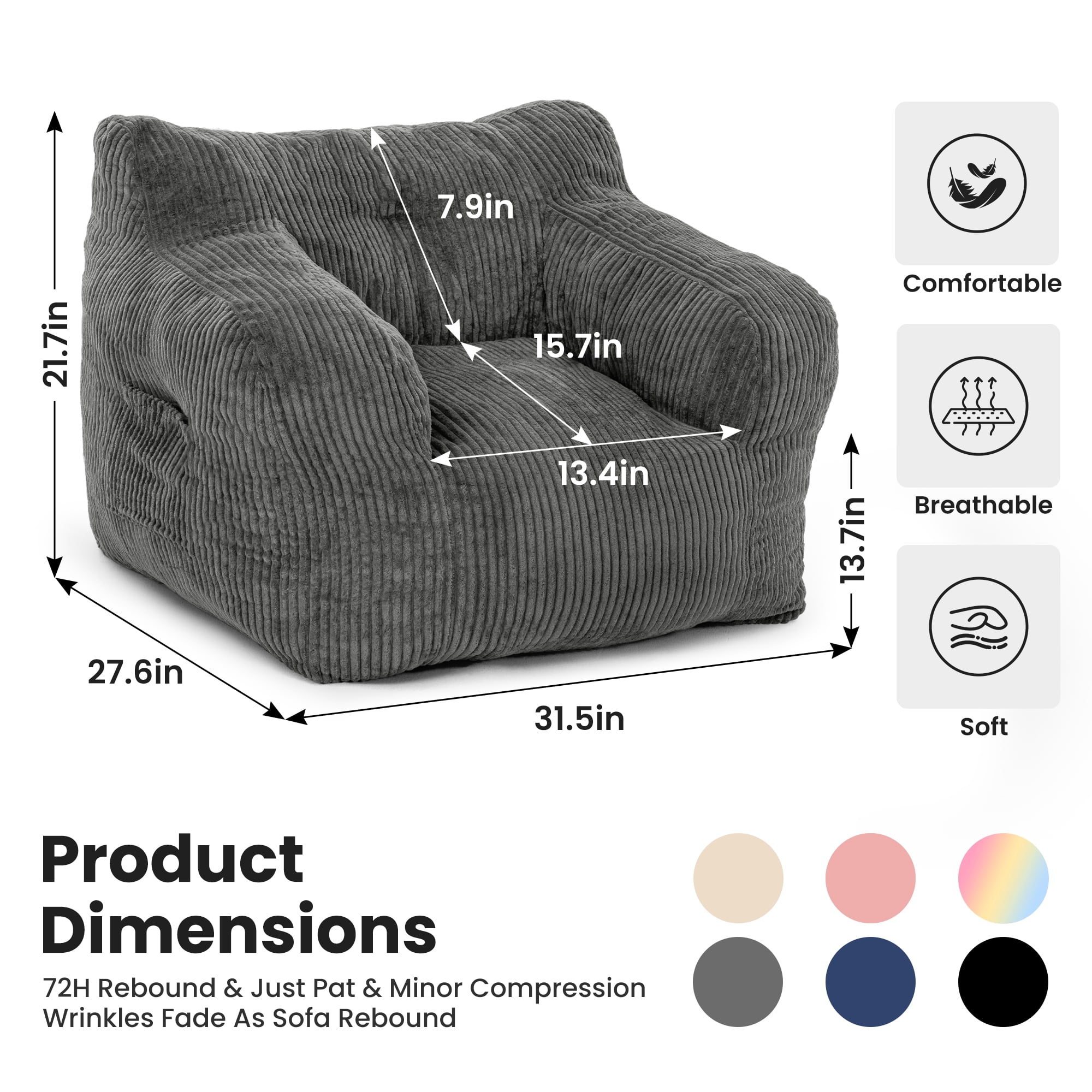 PamapicLife Bean Bag Chair Home Adult Solid Solo Color Regular Foam Filled and Corduroy Indoor and Contemporary Style Bean Bag Chair with Manual, Gray