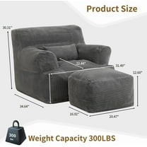 Comfy Gaint Bean Bag Chair with Ottoman, Huge Bean Bag Armchair for Adults and Teens, Dark Grey