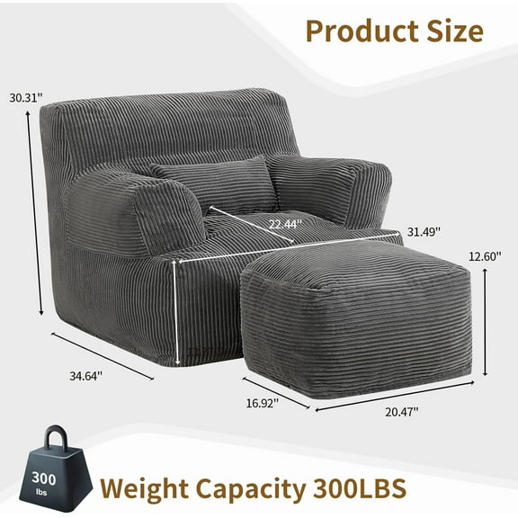 Comfy Gaint Bean Bag Chair with Ottoman, Huge Bean Bag Armchair for Adults and Teens, Dark Grey