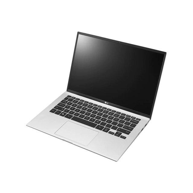 cliente ligero móvil lg 14zt90p-g.ax33u1 intel i3 de 14 pulgadas de 11.ª generación plateado, vista frontal en ángulo 3/4 de un portátil ultraligero abierto con pantalla IPS WUXGA 16:10 apagada, teclado chiclet oscuro, touchpad amplio centrado y carcasa metálica plateada; bisel superior con cámara web HD y altavoz integrados; preparado para IGEL y compatible con infraestructuras VDI.