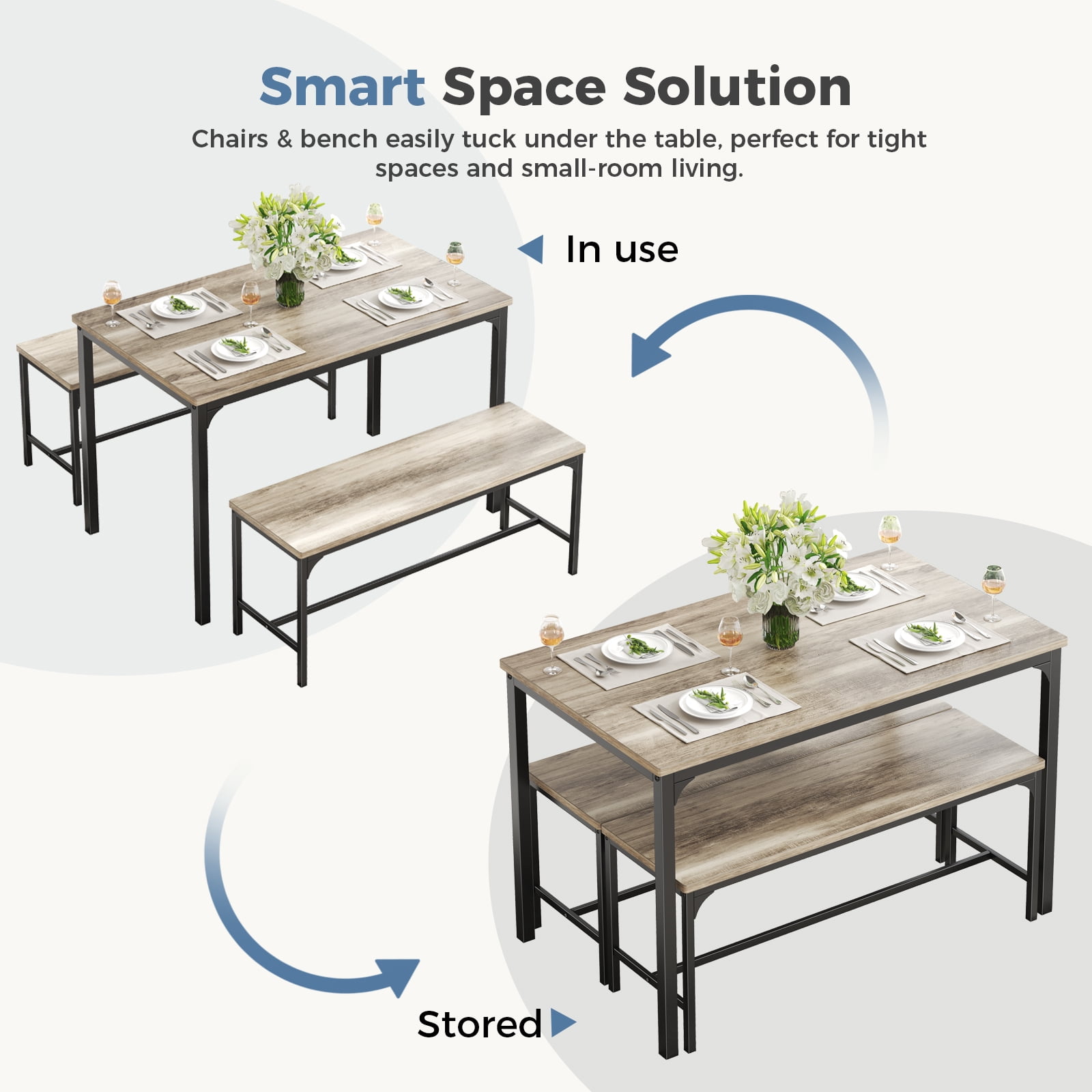 CONCETTA 3-Piece Dining Table Set with 1 Table,2 benches,Space-Saving Small Dining Set for 2–4 People for Apartment, Daily Meals & Bistro, Gray