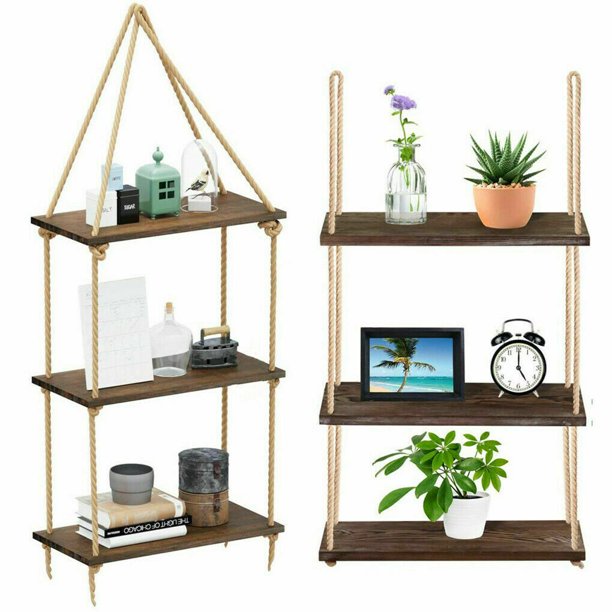 Sturdy 3-Layer Hanging Wall Shelf Rope Floating Shelves ...