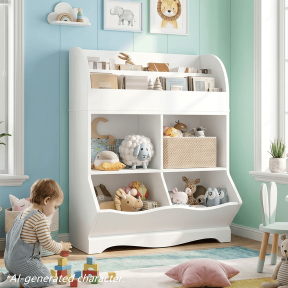 Homfa Kids Toy Storage Organizer, White Bookcase with Toy Box, Toy Chest Storage Cubbies with Bins for Nursery Playroom Bedroom
