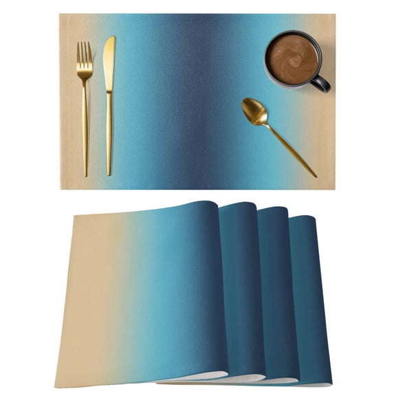 Placemats Set of 8, Blue Teal Yellow Ombre Woven Placemat, Linen Place Mats for Kitchen/Dining Tables, Farmhouse Modern Gradient Art Washable Table Mats for Party