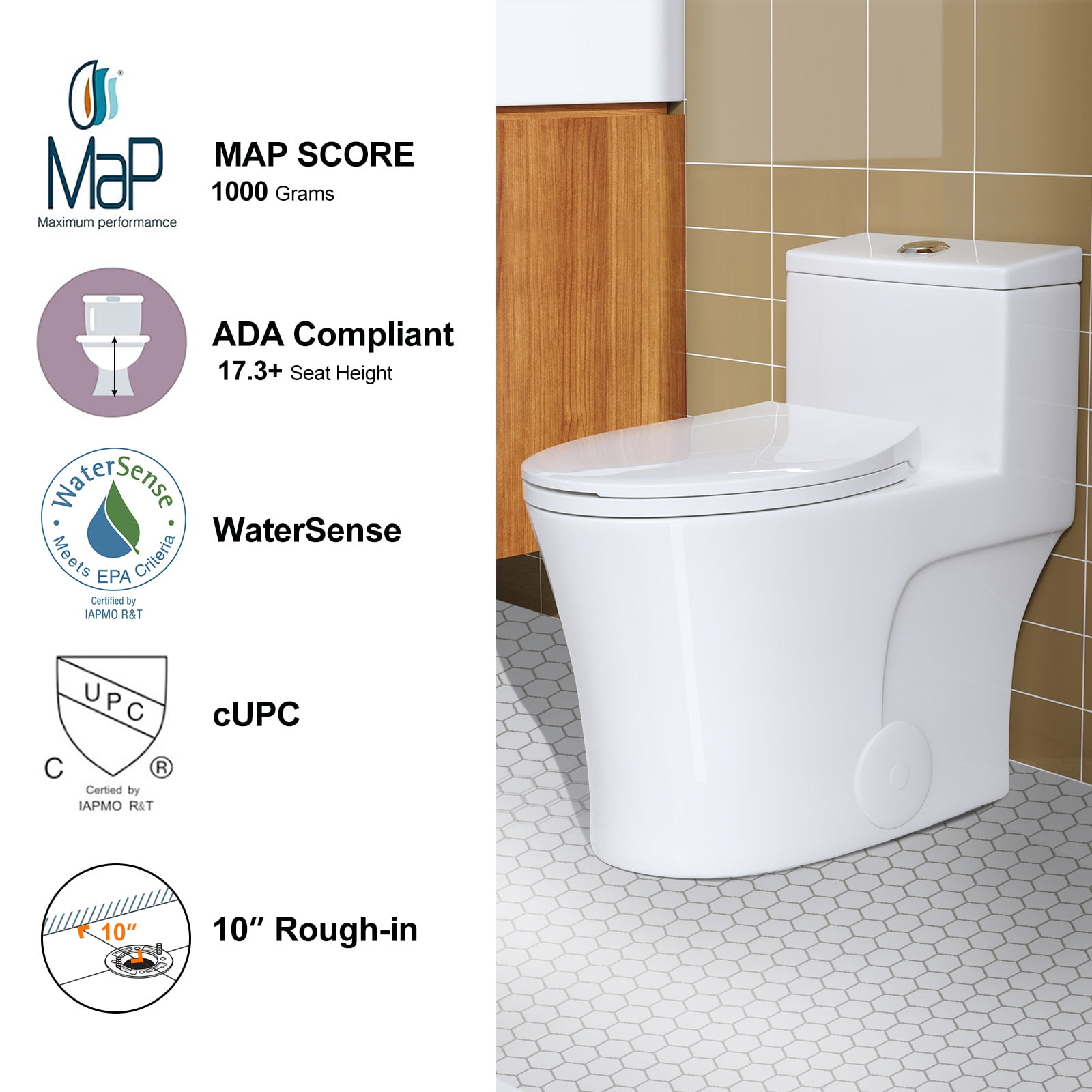 One Piece Toilet 10" Rough-in, Elongated Toilet with Comfortable Seat Height, ADA Chair Height 17.3", Dual Flush 0.8/1.28 GPF