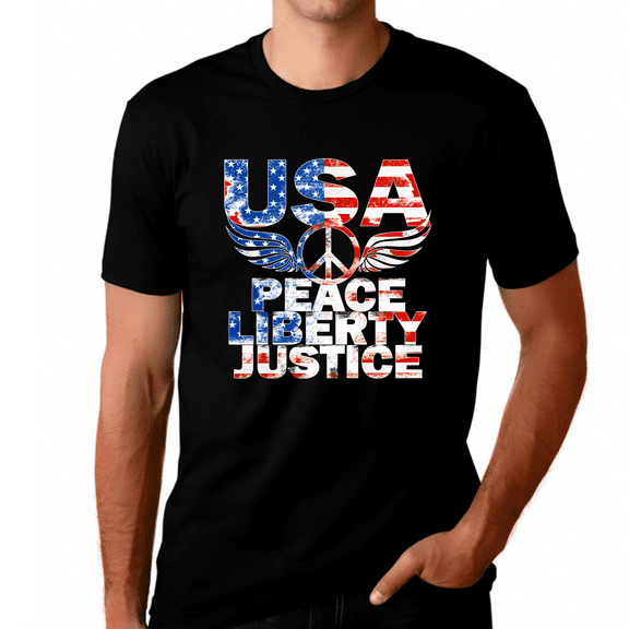 4th of July Shirts for Men USA Shirt Patriotic Shirts for Men Peace Liberty Justice American Flag Shirt