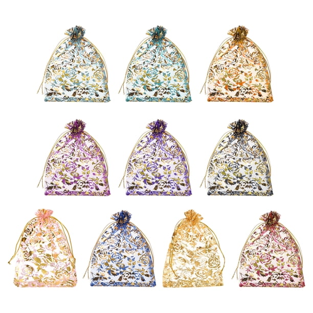 Bolsa de Organza Uxcell, Bolsas de Malla Transparente con Corazón de Flor, Bolsas de Regalo con Cordón, Paquete de Favor de Fiesta a Granel, Pouches de Joyería Multicolor-Dorado 5" x 7"