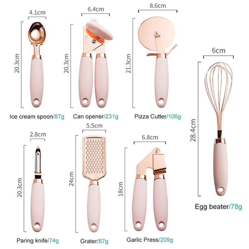 7Pcs Kitchen Gadgets Set, Copper Coated Stainless Steel Utensils, Ice Scream Scoop Peeler Garlic Press Cheese Grater Whisk, Pink - image 2 of 7