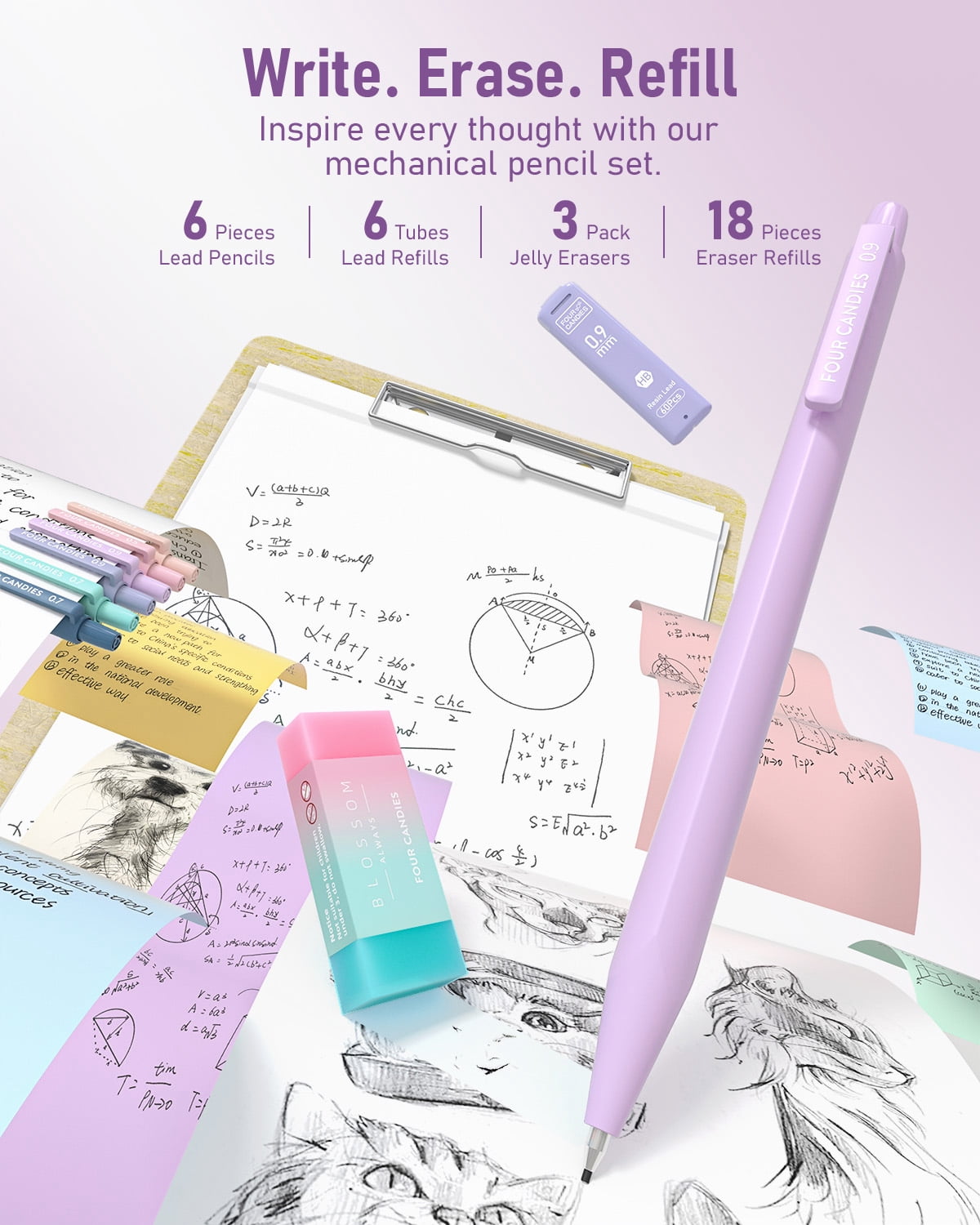 Four Candies 40PCS Aesthetic Supplies with Cute Pen Case, 12 Pastel Highlighters, 5 Black Ink Gel Pens, 6 Mechanical Pencils Set 0.5 & 0.7 mm and 100 sticky notes in two sizes, College Essenti
