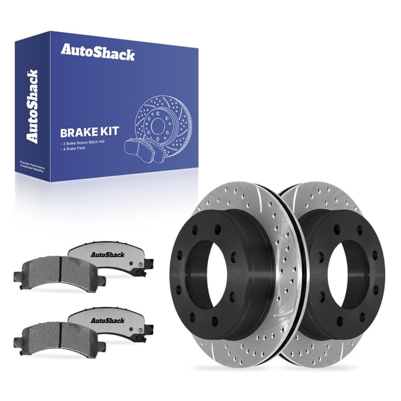 AutoShack Rear Vented Drilled & Slotted E-Coated Brake Rotors   Ceramic Pads 6-PC Brake Kit Replacement for 2003-2020 Chevrolet Express 2500 2004-2019 GMC Savana 3500 ShadowGuard 12.99" (330 mm)