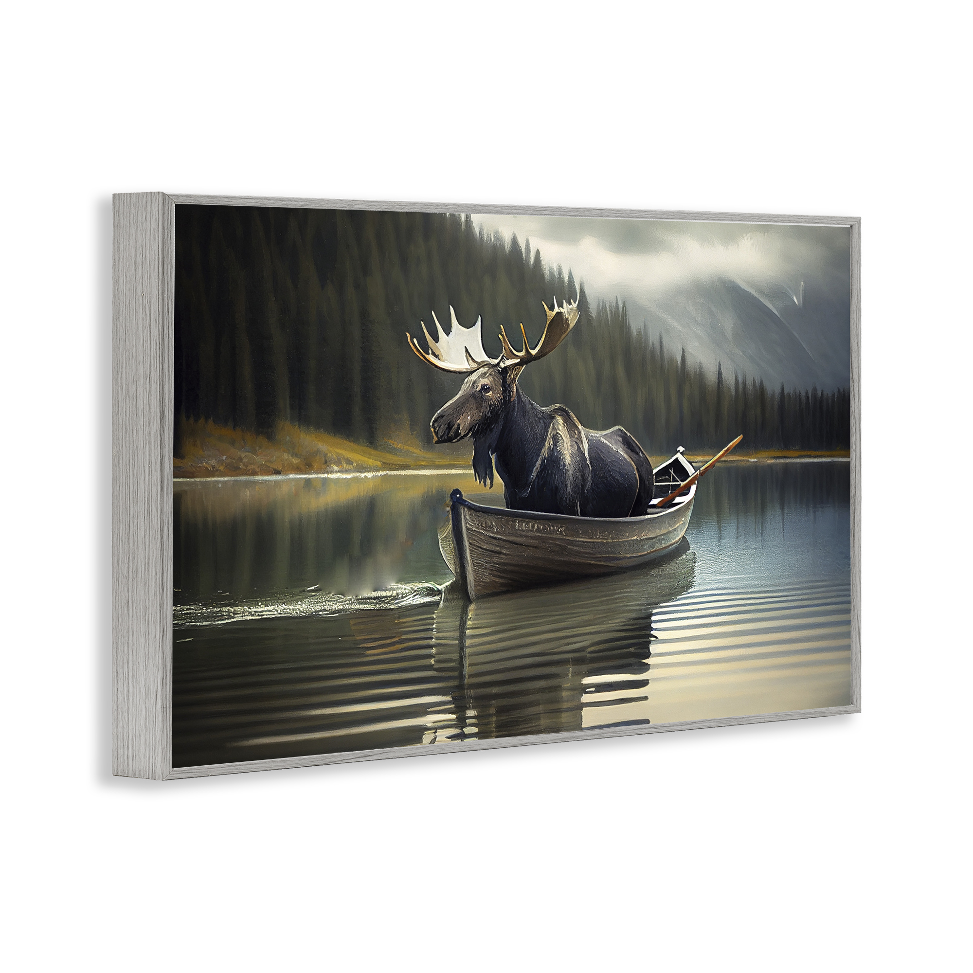 Moose in Canoe Tranquility Gray Framed Giclee Art, design by Sasha