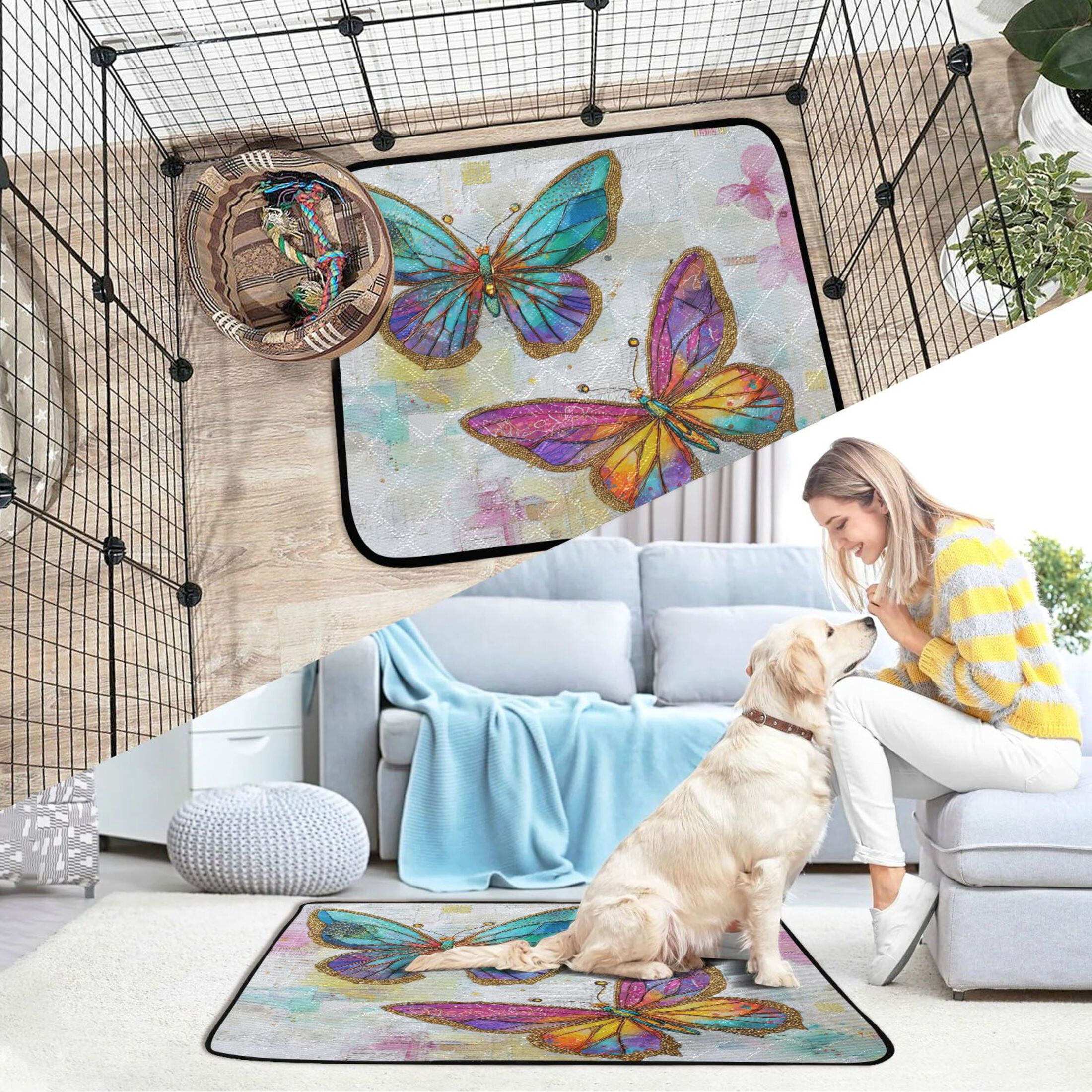 Qxltty Artistic Butterfly Cat litter Pads Pet Set of 3 Diaper Mats Center Anti-leakage Layer Absorbent Soft and Comfortable