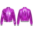 thumbnail image 5 of Yartina Kids Girls Metallic Bomber Jacket Coat Zip Up Long Sleeve Jazz Dance Crop Top Windbreaker Purple 8, 5 of 8
