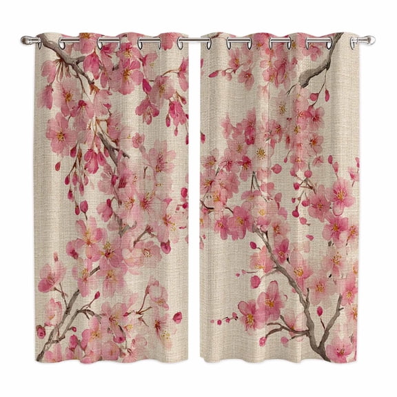 Curtains 63 Inch Length 2 Panels, Peaches Branches Grommets Window Treatment Curtain, Farmhouse Spring Botanical Pink Flowers Thermal Curtains Drapes for Living Room/Bathroom