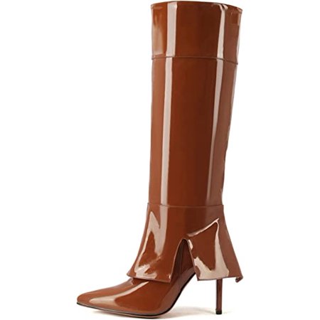 

THE SHY Women s Pointed Toe Stiletto Heel Knee High Boots Bright Patent Leather Fold Over Boots Fashion Dress Shoes