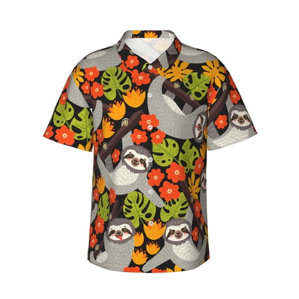 Fotbe Sloth on the Branch Camisa Hawaiana para Hombre Unisex – Camisa Casual de Verano con Botones de Manga Corta de Algodón y Lino,Small