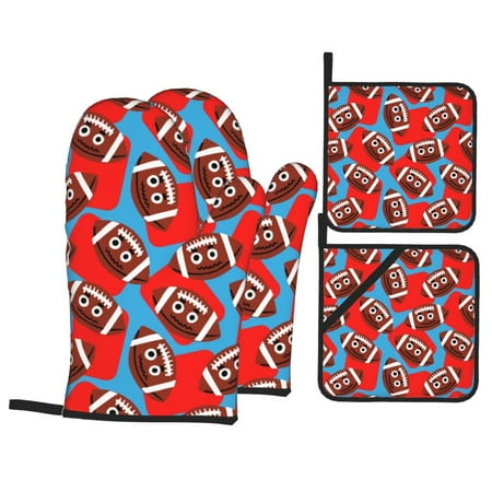 

Oven Mitts and Pot Holders 4 pcs Set cute American football blue Heat Resistant Pot Holders Oven Mitts for kitchen Non-Slip Hanging Loop Oven Glove Potholders for Baking Cooking