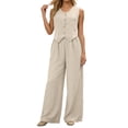 thumbnail image 3 of Women's 2 Piece Outfits Linen Vest Waist-coat Dressy linen sets for women 2 piece Casual Sets Wide Leg Pants Suits (Beige,L), 3 of 6