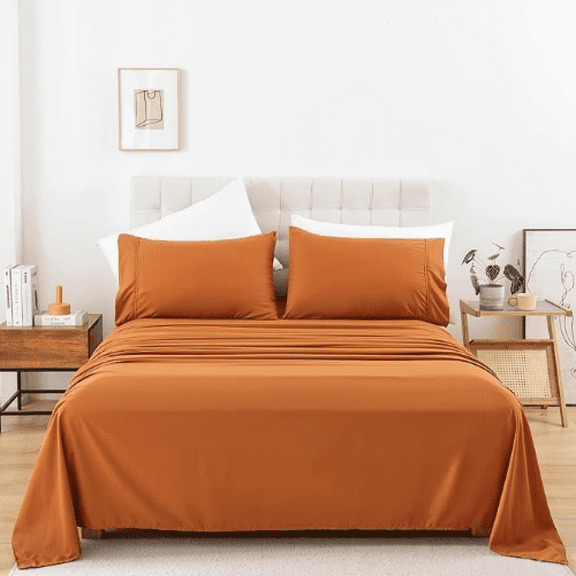 Queen Sheet Set - 4 Piece Bed Sheets for Queen Size Bed, Luxury Soft Breathable Microfiber, Extra Deep Pocket, Bedding Sheets & Pillowcase, Wrinkle Free Oeko-Tex, Pumpkin