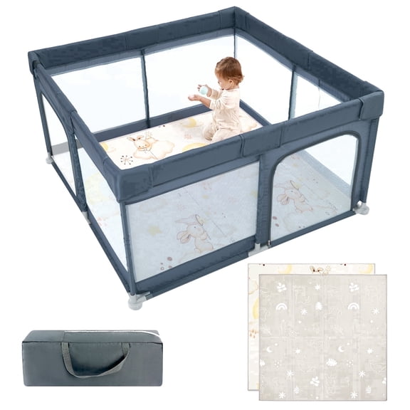Joypony Large Baby Playpen with Mat, 50"x50" Foldable Playpen for Babies and Toddlers, Grey