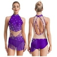 thumbnail image 5 of TiaoBug Women's Tassels Latin Dance Dress Figure Skating Bodysuit for Salsa Jazz Ballroom Dancing Performance Purple XL, 5 of 6