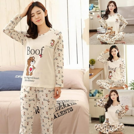

2Pcs Women s Cartoon Print Long Sleeves Autumn Winter Pajama Sets Sweet Loose Sleepwear Nightwear Suit