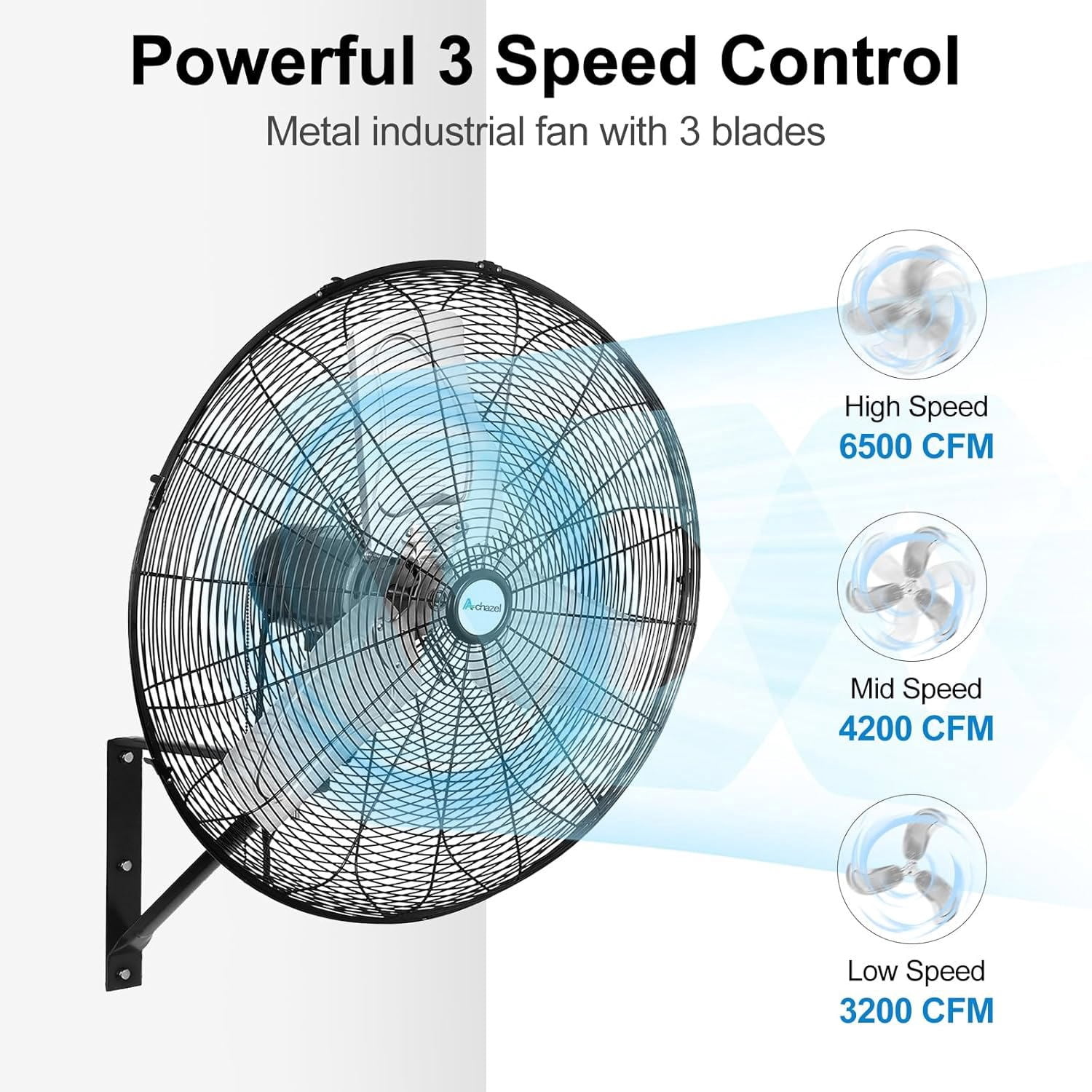 Achazel 24" Industrial Wall Mount Fan, 3-Speed 6500 CFM High Velocity Oscillating Heavy Duty Air Circulator for Garage Warehouse Shop, UL Listed