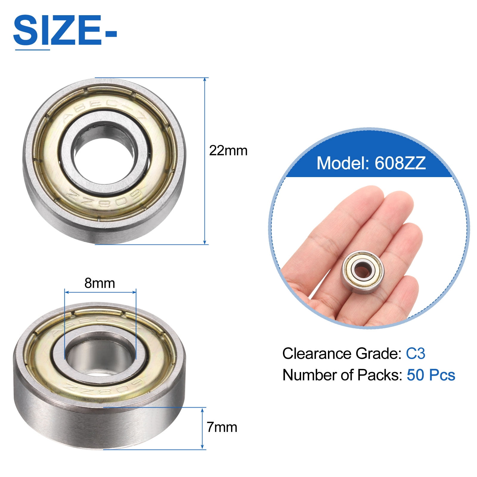 Uxcell 50 Pcs 608ZZ Deep Groove Ball Bearings 8x22x7mm Double Shield Bearings C3