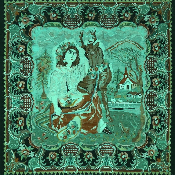 Ahgly Company Machine Washable Indoor Square Medallion Turquoise Blue French Area Rugs, 5' Square