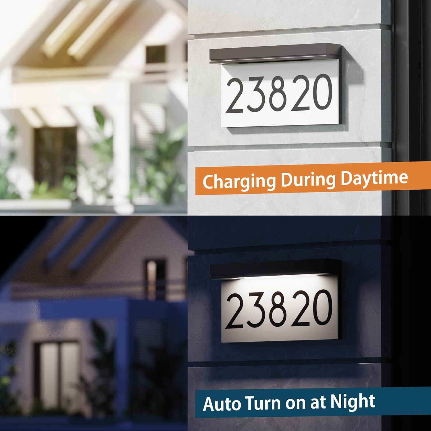 Solar Address Sign, Lighted Address Plaque Outdoor Waterproof, LED Illuminated Address Numbers, House Numbers for Outside, 2-Color Lighting Modes, Wall Mounted for Home Yard