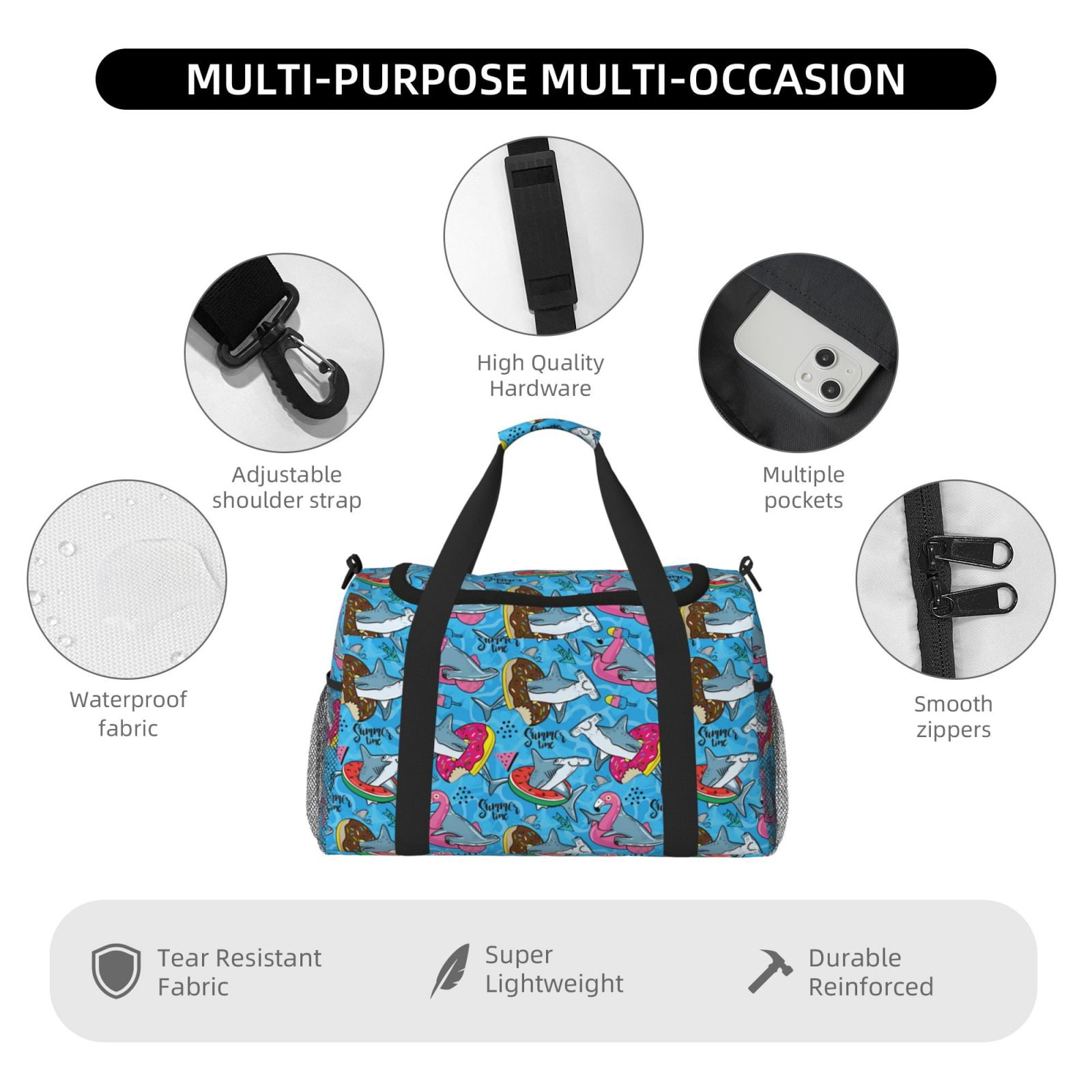 Fuzoiu Sharks Summer Print Travel Duffle Bag,Carry On Tote Bags,Duffel Bag,Sport Gym Bag, Hospital Bag for Labor and Delivery, Overnight Bag,Luggage Bag