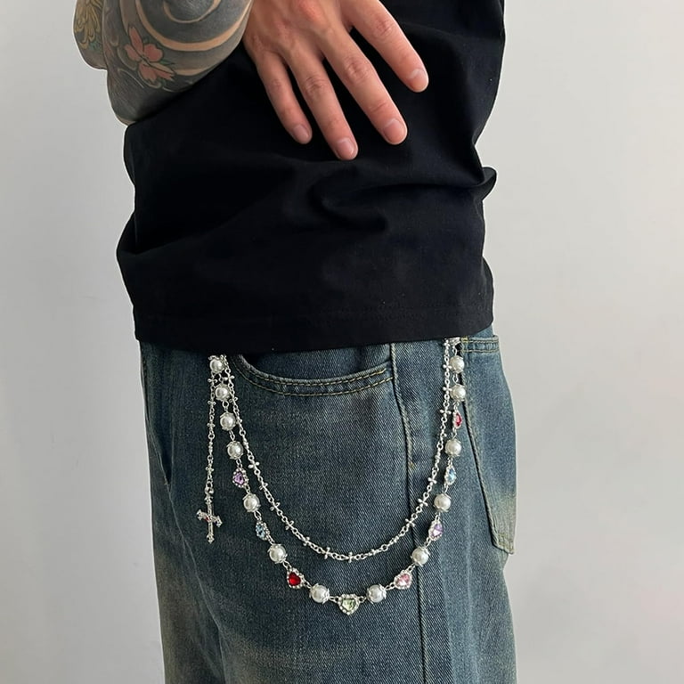 Multi-Layer Rhinestone Daisy Wallet Chain for Jeans, Pearl & Cross