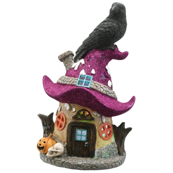 10 in. Pre-Lit Halloween Figurine, Purple, Witch Hat House, Black Crow, 1 Multicolor LED Light