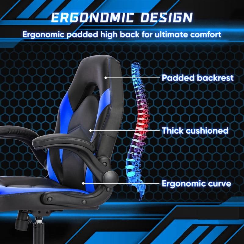 Gianna Ergonomic Computer Gaming Chair with Flip-up Armrest, Height Adjustable PU Leather Home Office Desk Chair with Lumbar Support Swivel Wheels and for Adults，Black Blue