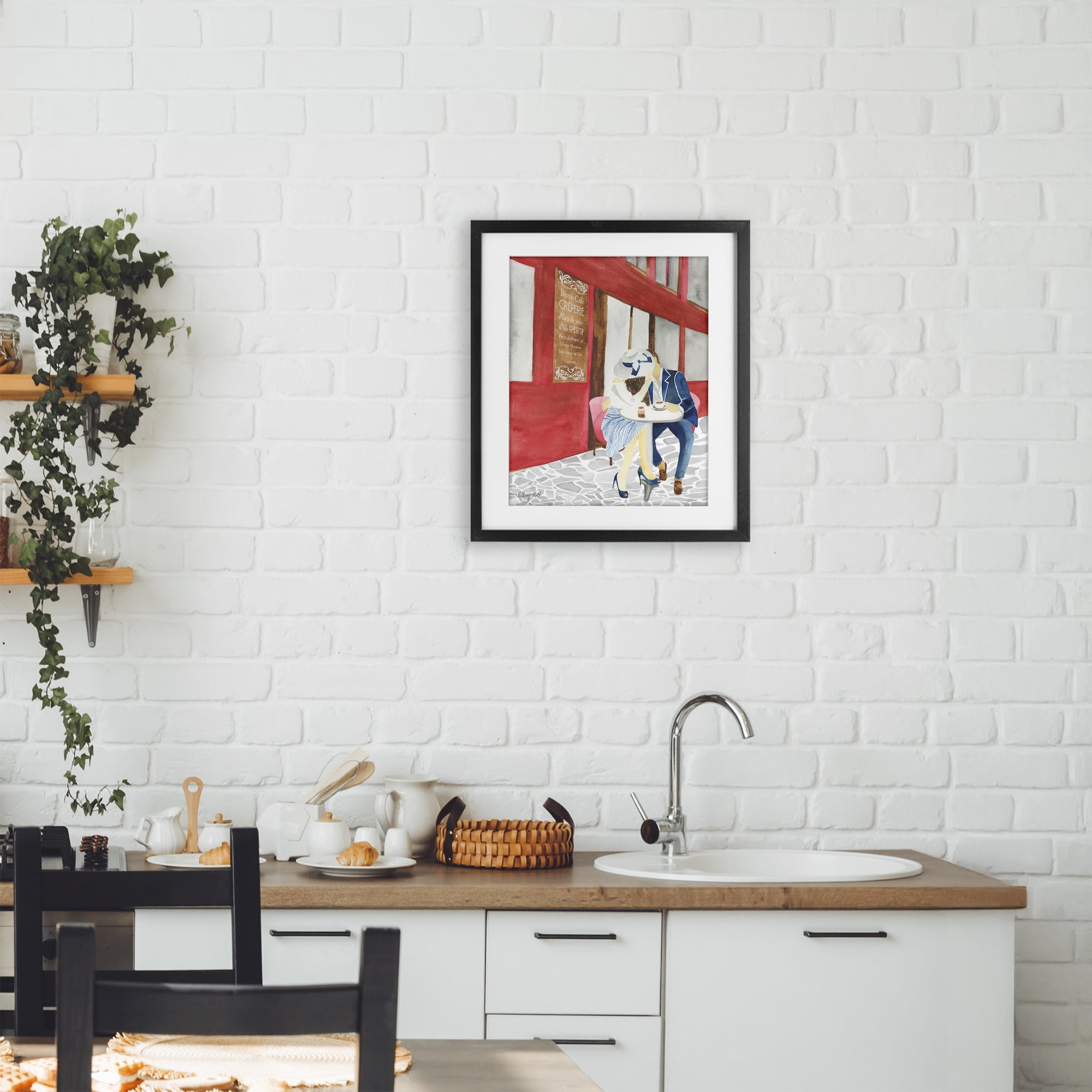 Stupell Industries Kiss At Parisian Cafe Black Framed Print Under Glass, design by Hillary Holt
