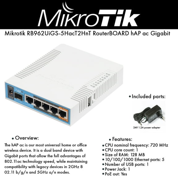 MikroTik RouterBOARD hAP ac RB962UiGS-5HacT2HnT 720Mhz 128MB 802.11ac Dual Band