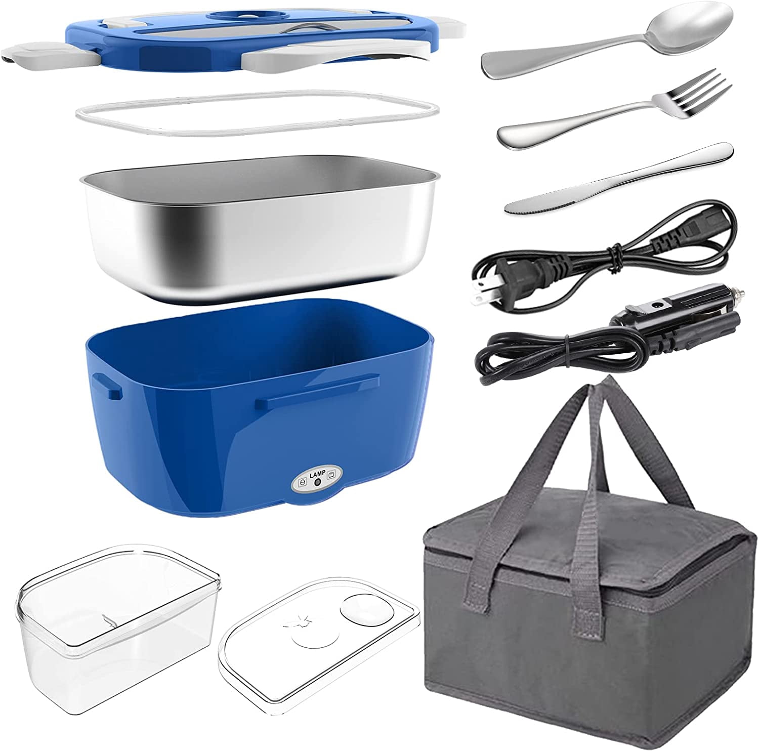 COCOBELA Electric Lunch Box Food Heater 2-In-1 Portable Food Warmer Lunch Box for Car & Home – Leak proof, 2 Compartments, Removable 304 Stainless Steel Container, SS fork & spoon and Carry Bag
