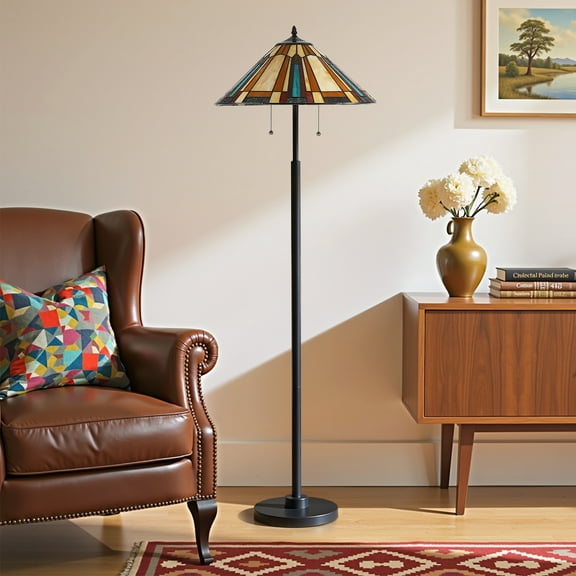 2-Light Stained Glass Floor Lamp With Minimalist Geometric, 59 Inch Handmade Tiffany Style Tall Standing Lamp, Mid-Century Modern Light Fixture ForLiving Room, Bedroom Decor